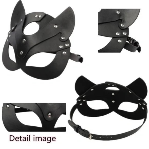 Leather Mask Cat Fox Naughty Fetish Kitty Masquerade Face Black Cosplay Goth New - Picture 6 of 10